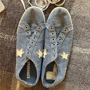 Converse Blue Denim Slip-On Sneakers with White Star Accents